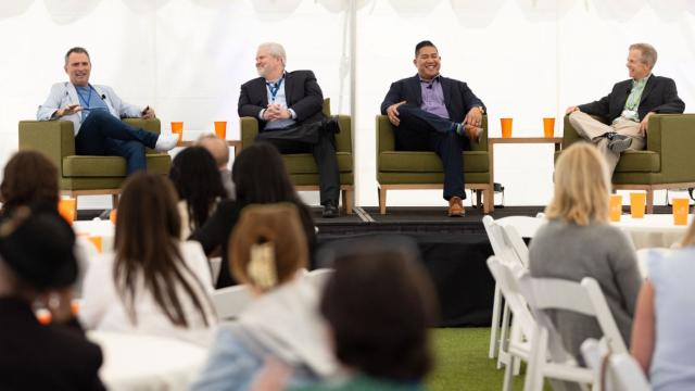 A marketing panel at 2023 AIM featured Apartments.com's Chris Hood; Scott Wesson of UDR Apartments; Windell Mollenido from the REMM Group, AMO; and moderator Brock MacLean from LeaseHawk