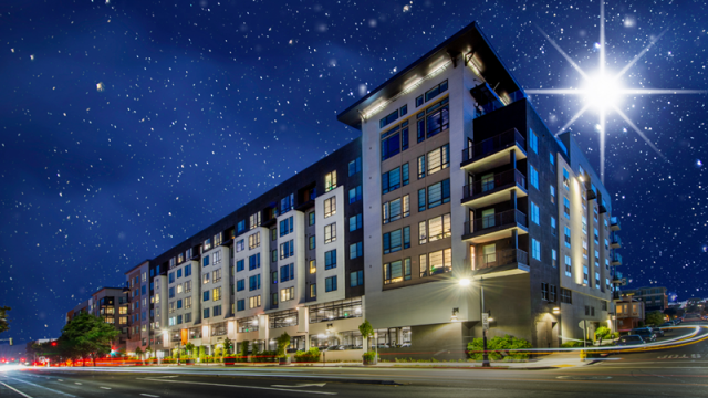 Sparkling apartment building on a starry night